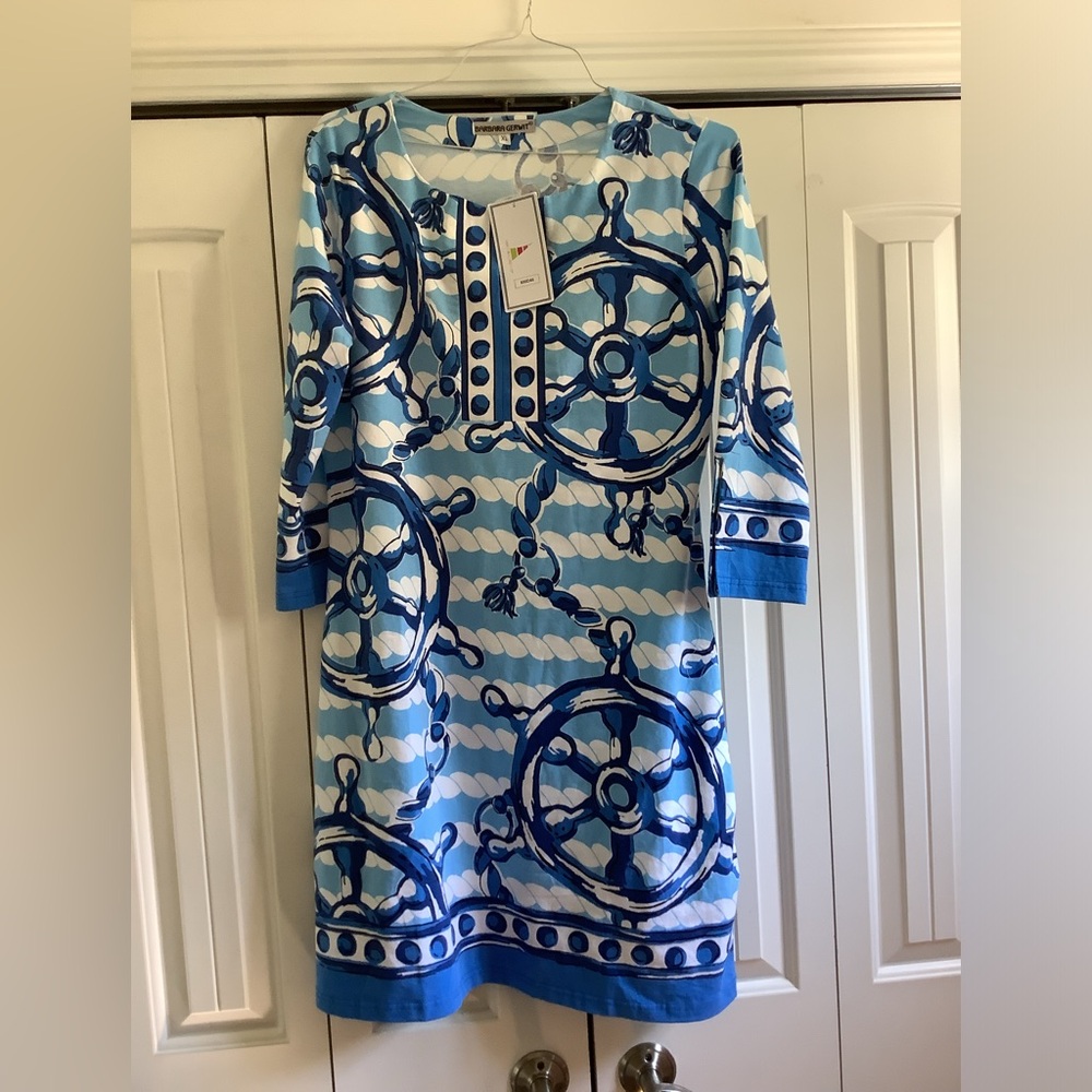 Barbara Gerwit Brand new royal Blue/white Shift Dress. 3/4 sleeve.